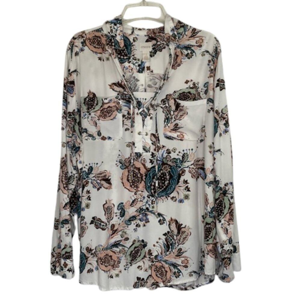 Chico's white brown blouse lace up neckline floral like pattern size 3